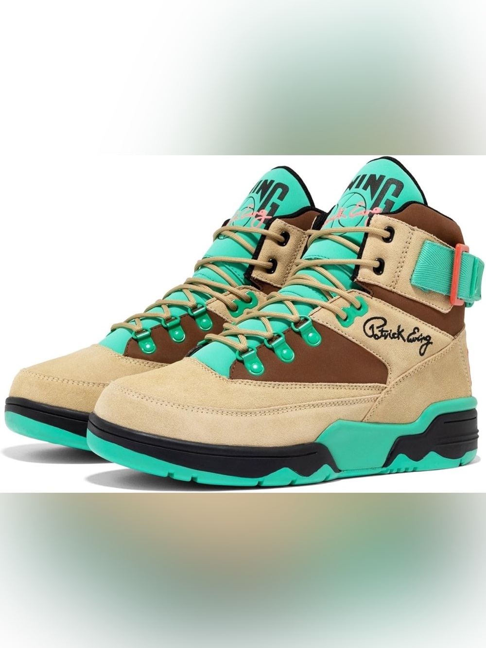 Patrick Ewing Men’s High-Top Sneakers in Tan and Teal